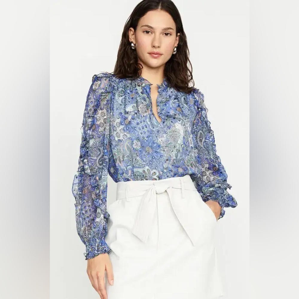 Marie Oliver Shirt Womens XS Hadley Silk Ruffled New Blue Floral